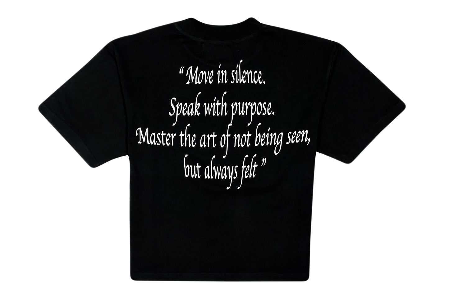 Black t-shirt with white text on a white background