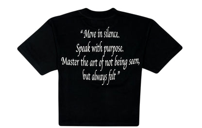 Black t-shirt with white text on a white background