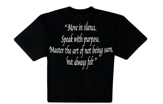 Black t-shirt with white text on a white background